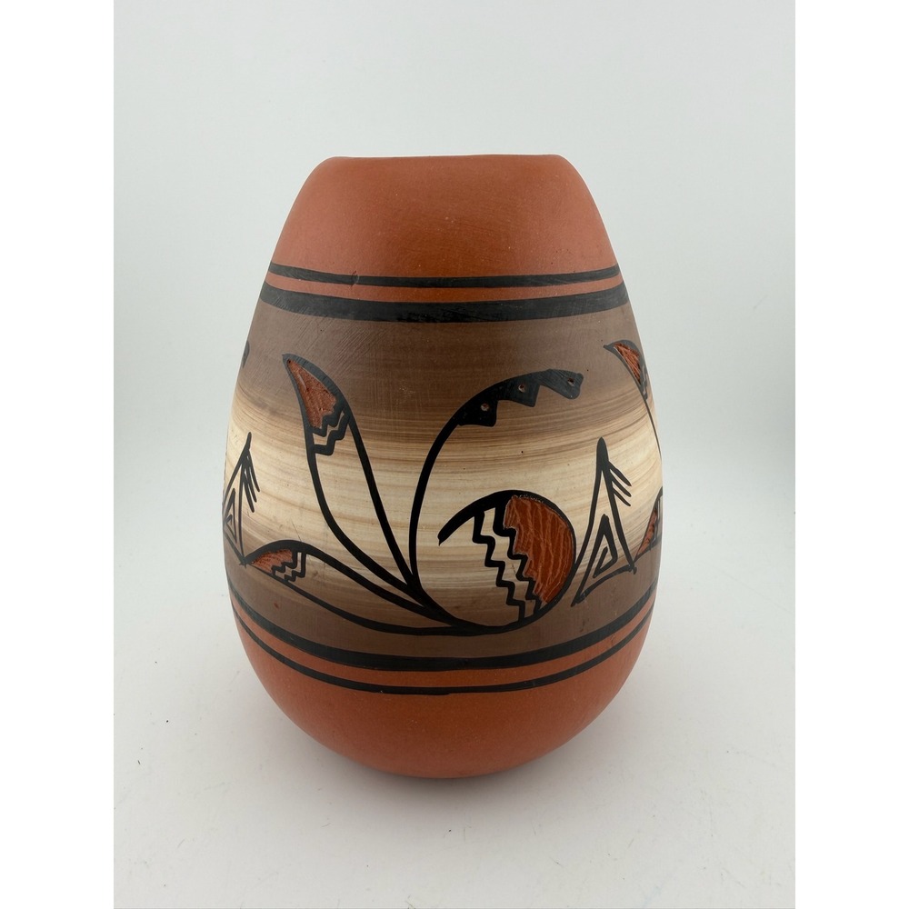 Mike Namingjo Signed Hand‎ Painted Southwestern Pottery Vase Terracotta